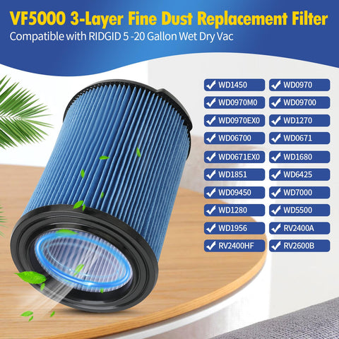 Gazeer VF5000 filter fit for RIDGID WD1450 and WD0970, maintained suction