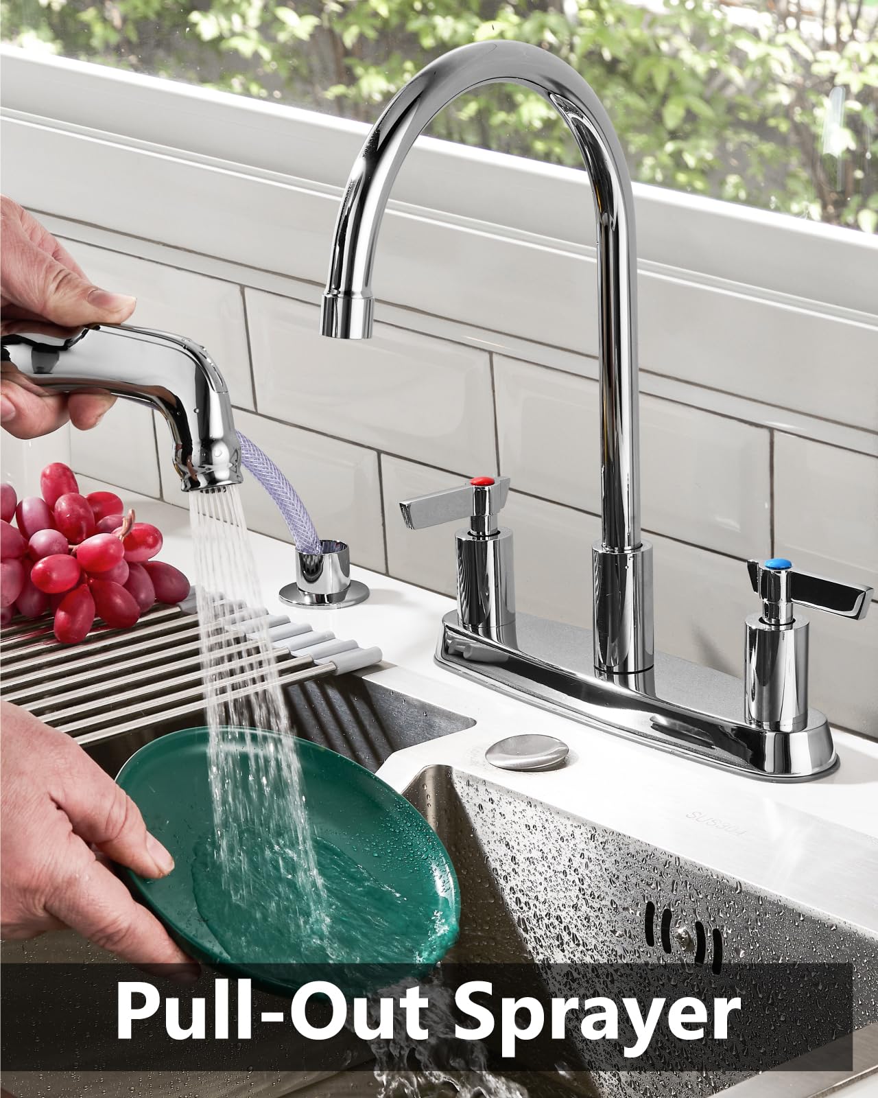 GBBNE dual-handle chrome faucet close-up highlights precise hot and cold control