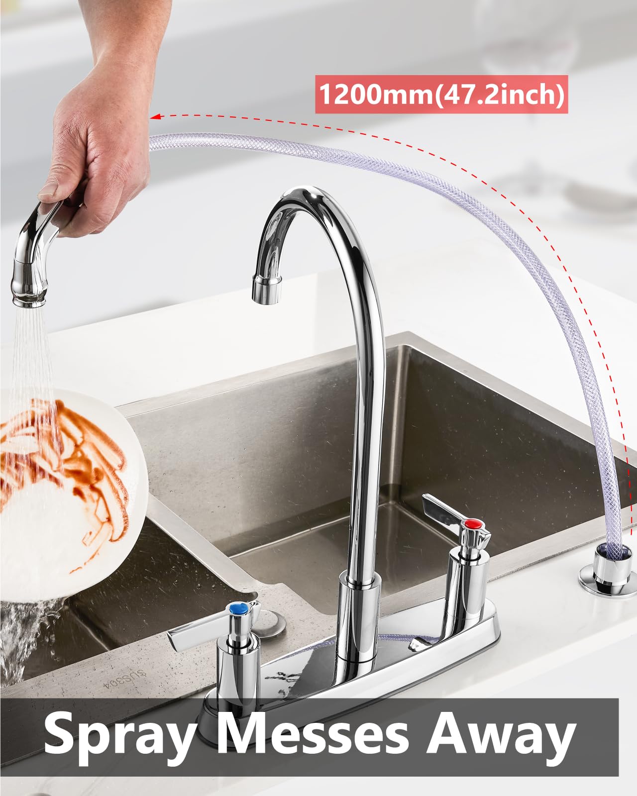 GBBNE pull-out sprayer extended to 47 inches for sink cleaning
