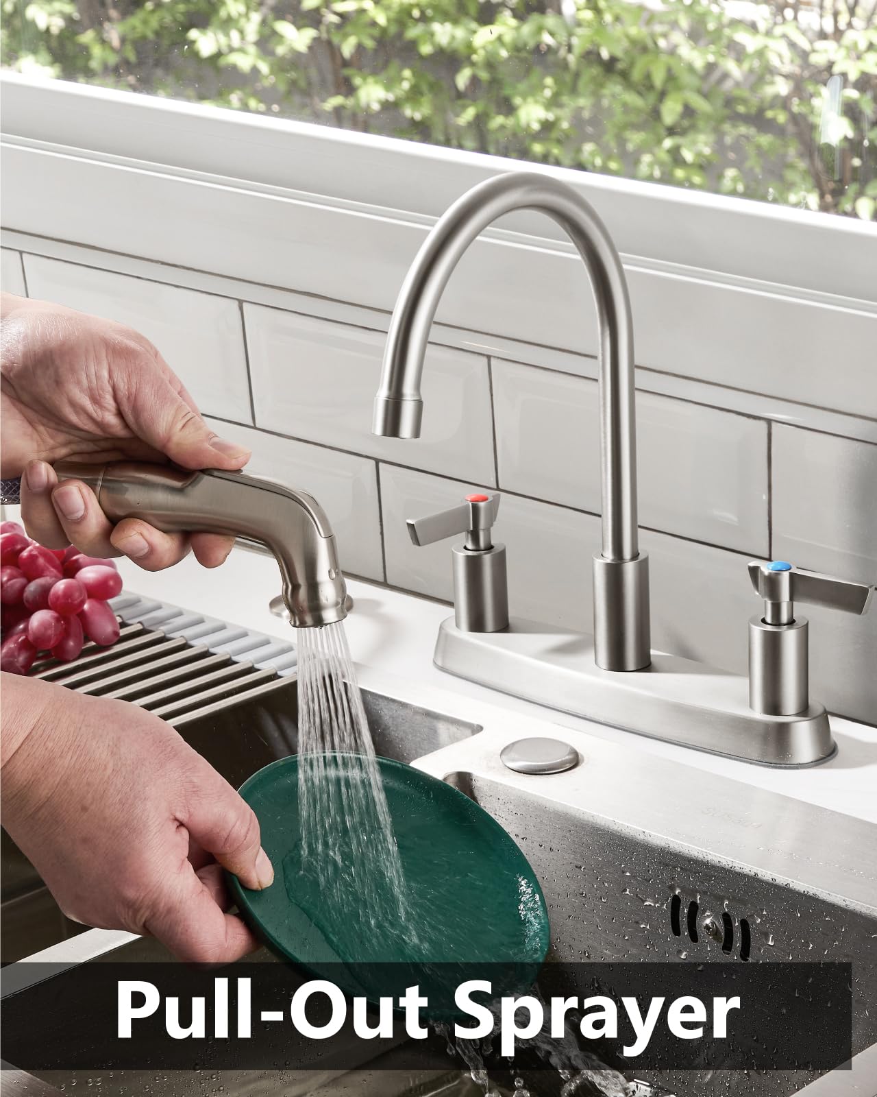 GBBNE pull-out sprayer head extended for thorough sink cleaning