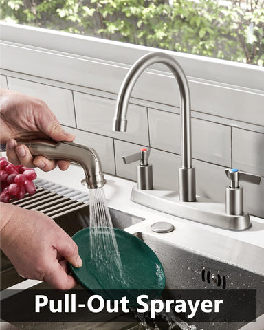 GBBNE pull-out sprayer head extended for thorough sink cleaning