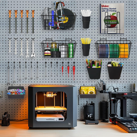 G.CORE pegboard book holder displays manuals and catalogs.