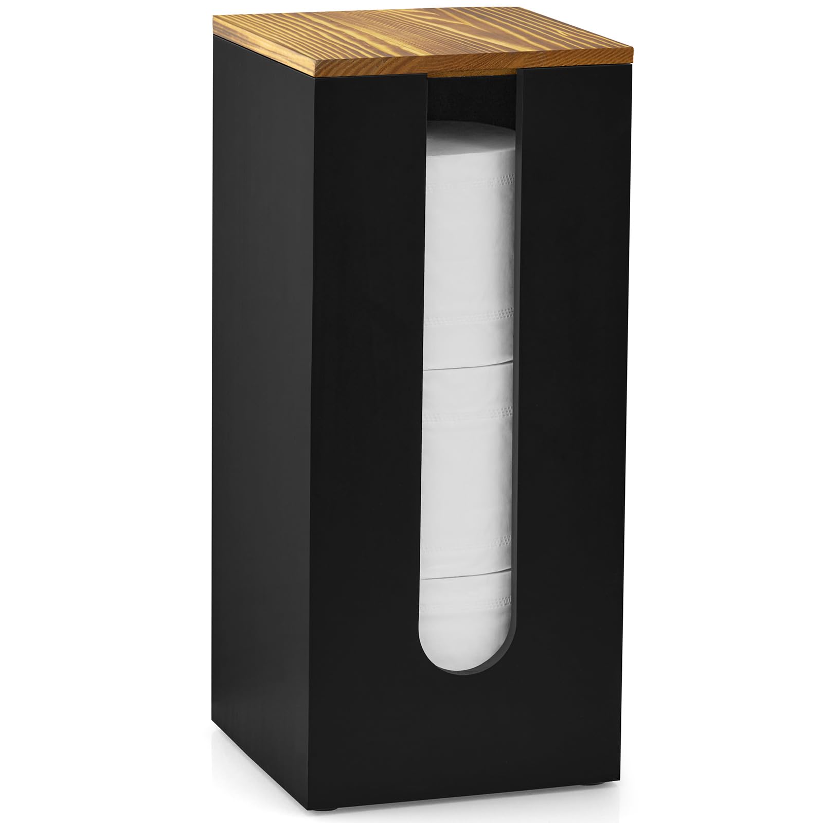 GCWSTJK black wood toilet paper holder stand sits on the floor, keeping rolls accessible.