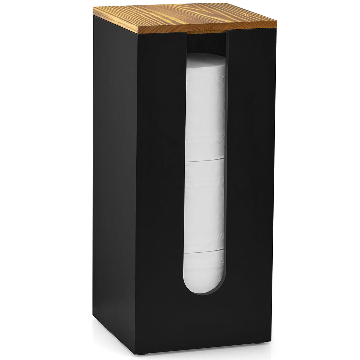 GCWSTJK black wood toilet paper holder stand sits on the floor, keeping rolls accessible.