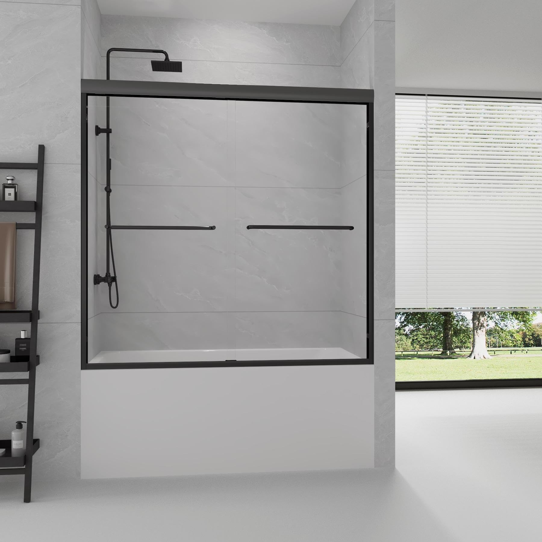 GDGZQD bathtub shower door top view highlights the smooth single-track rail for quiet operation.