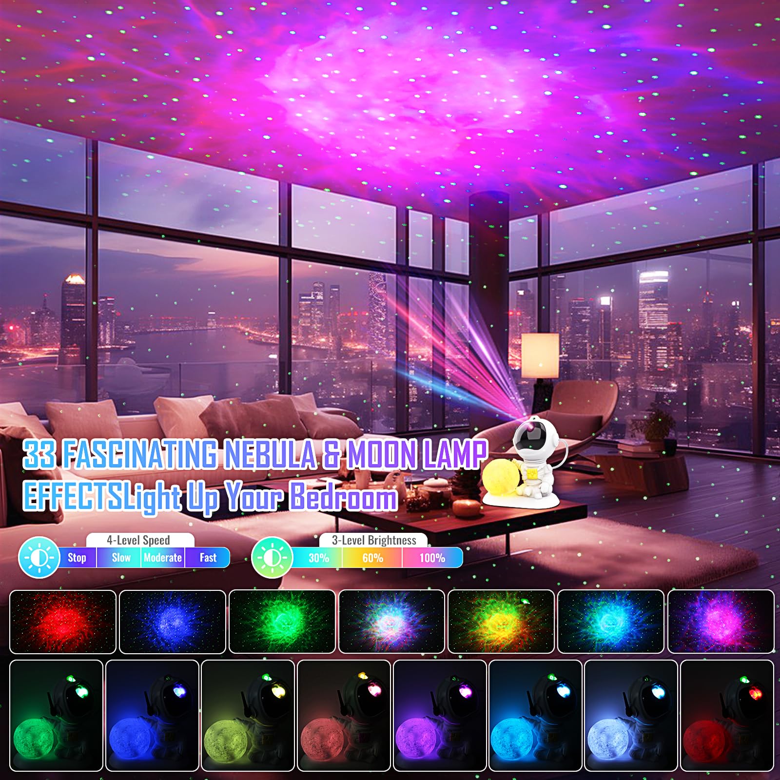 GDNZDUTS Astronaut Galaxy Projector 33 nebula and star effects create immersive ambience.