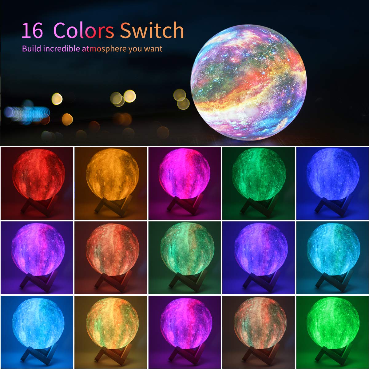 GDPETS Moon Lamp offers 16 colors via remote, enabling versatile room mood lighting.