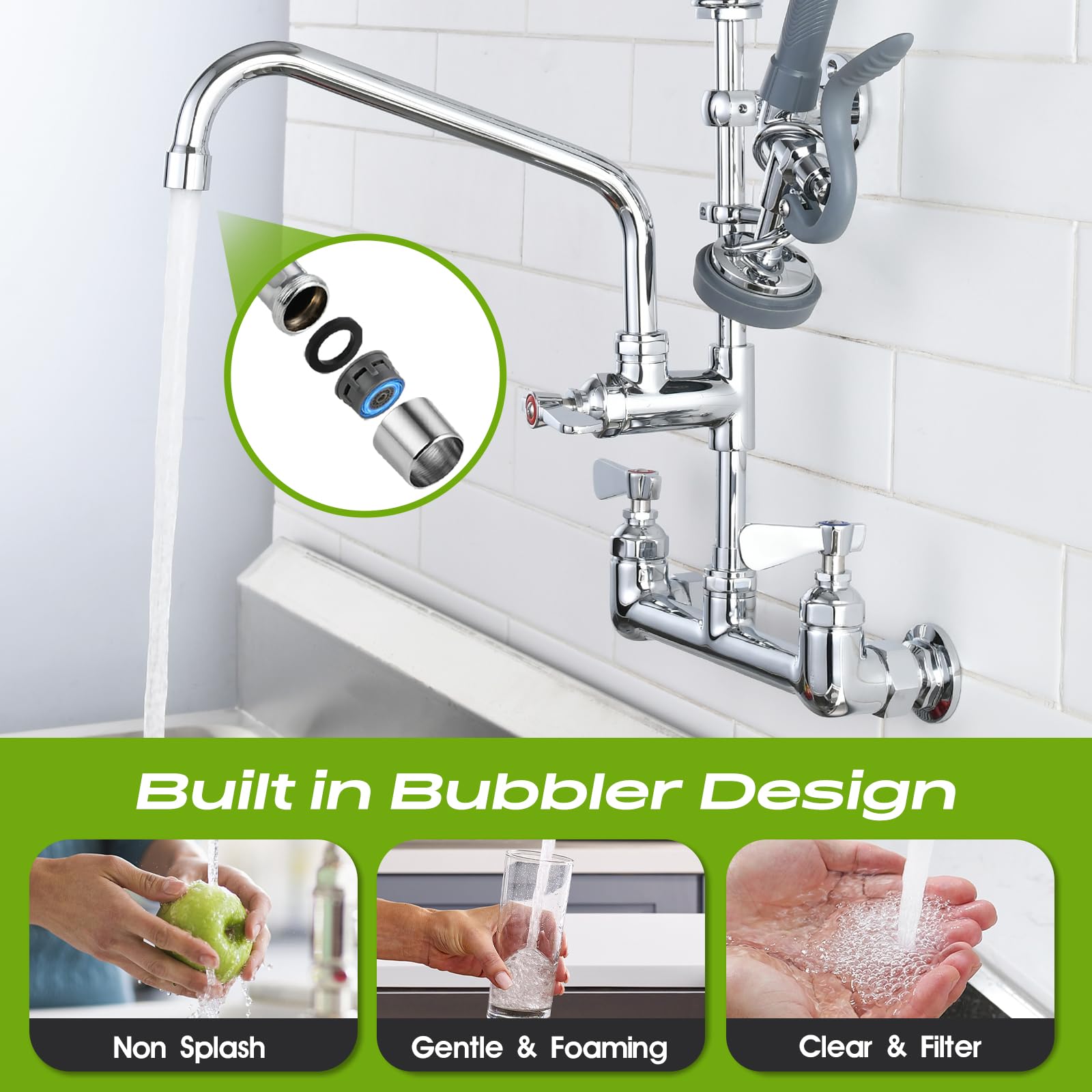 Gdyfdskin swivel spout reaches corners for thorough cleaning in large sinks.