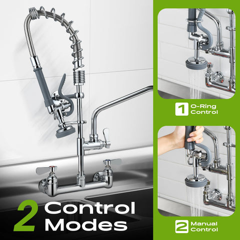 Gdyfdskin wall-mounted faucet with 10-inch swing spout reaches all basins.