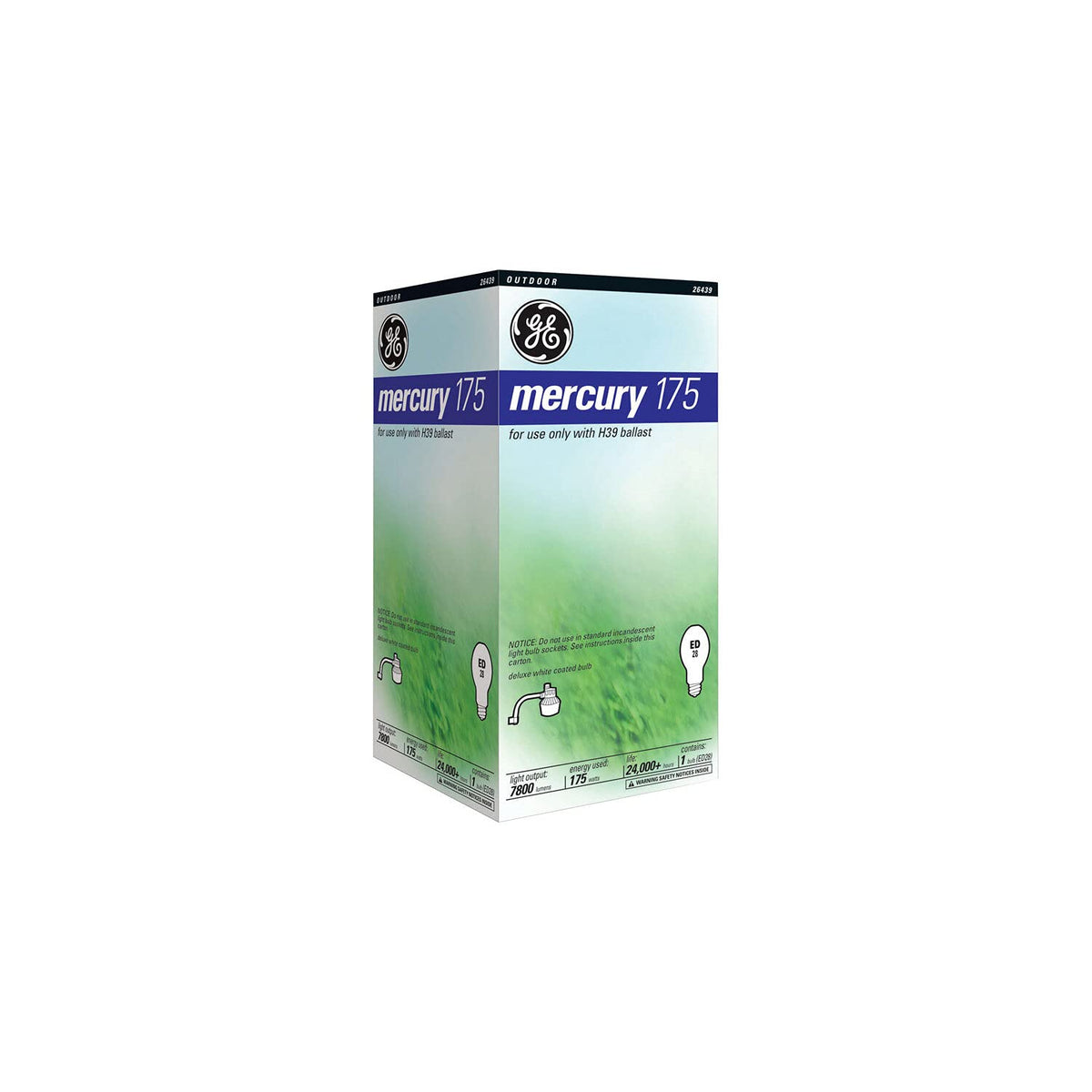 GE 26439 175W white mercury vapor bulb delivering bright, steady illumination for industrial or outdoor spaces.