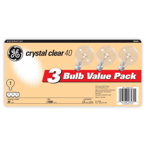 GE 26535 crystal clear G25 globe bulb side view suitable for pendant lamps