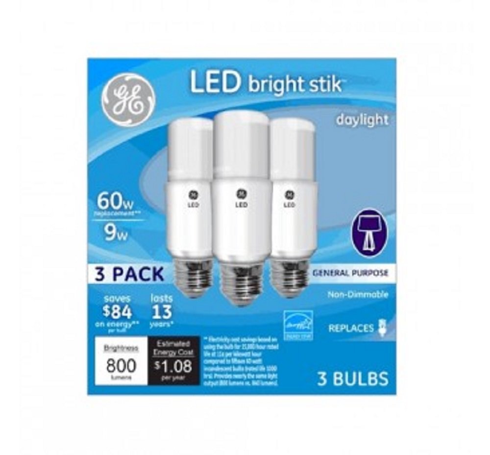 GE 63592 LED Bright Stik 3-pack front view, daylight 5000K for energy-efficient lighting.