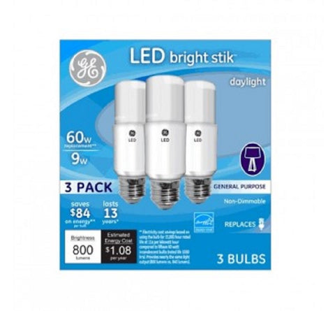 GE 63592 LED Bright Stik 3-pack front view, daylight 5000K for energy-efficient lighting.