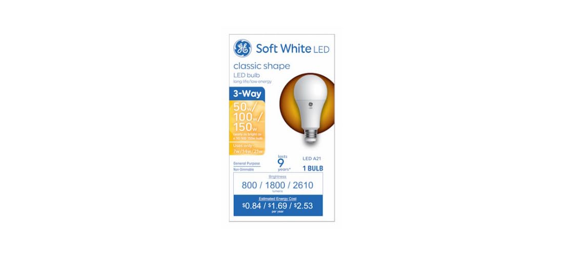 GE Basic LED A21 3-Way Bulbs, E26 base with frosted finish, instant brightness.