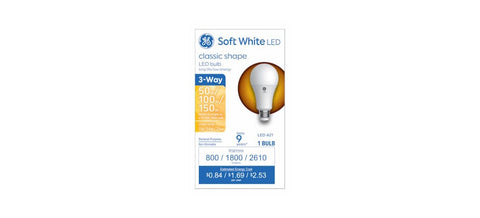 GE Basic LED A21 3-Way Bulbs, E26 base with frosted finish, instant brightness.