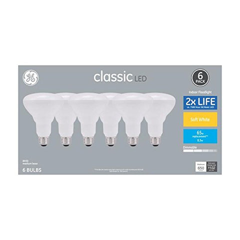 GE Classic 65W-equivalent dimmable R30 LED bulbs provide warm ambient lighting for living spaces.