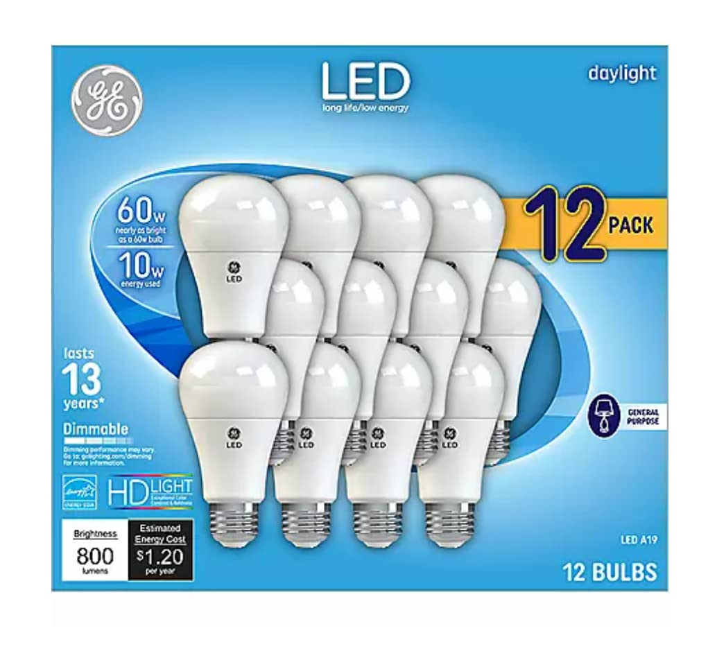 GE Daylight LED A19 bulb delivers 800 lumens for bright daylight room lighting.