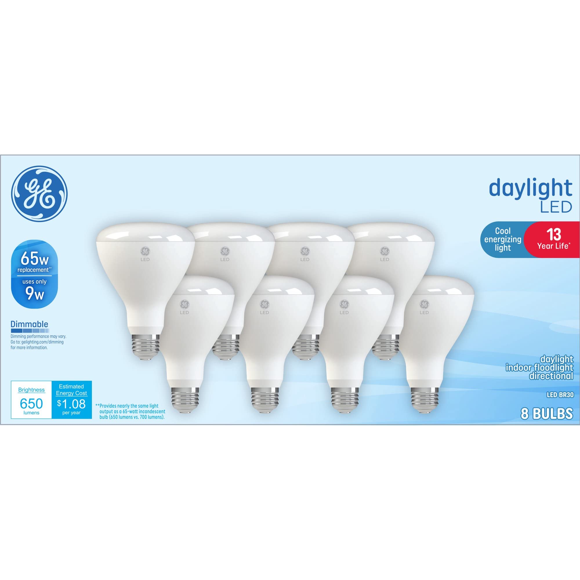 GE Daylight LED floodlight bulbs, pack front view, delivering bright, energy-efficient indoor lighting.