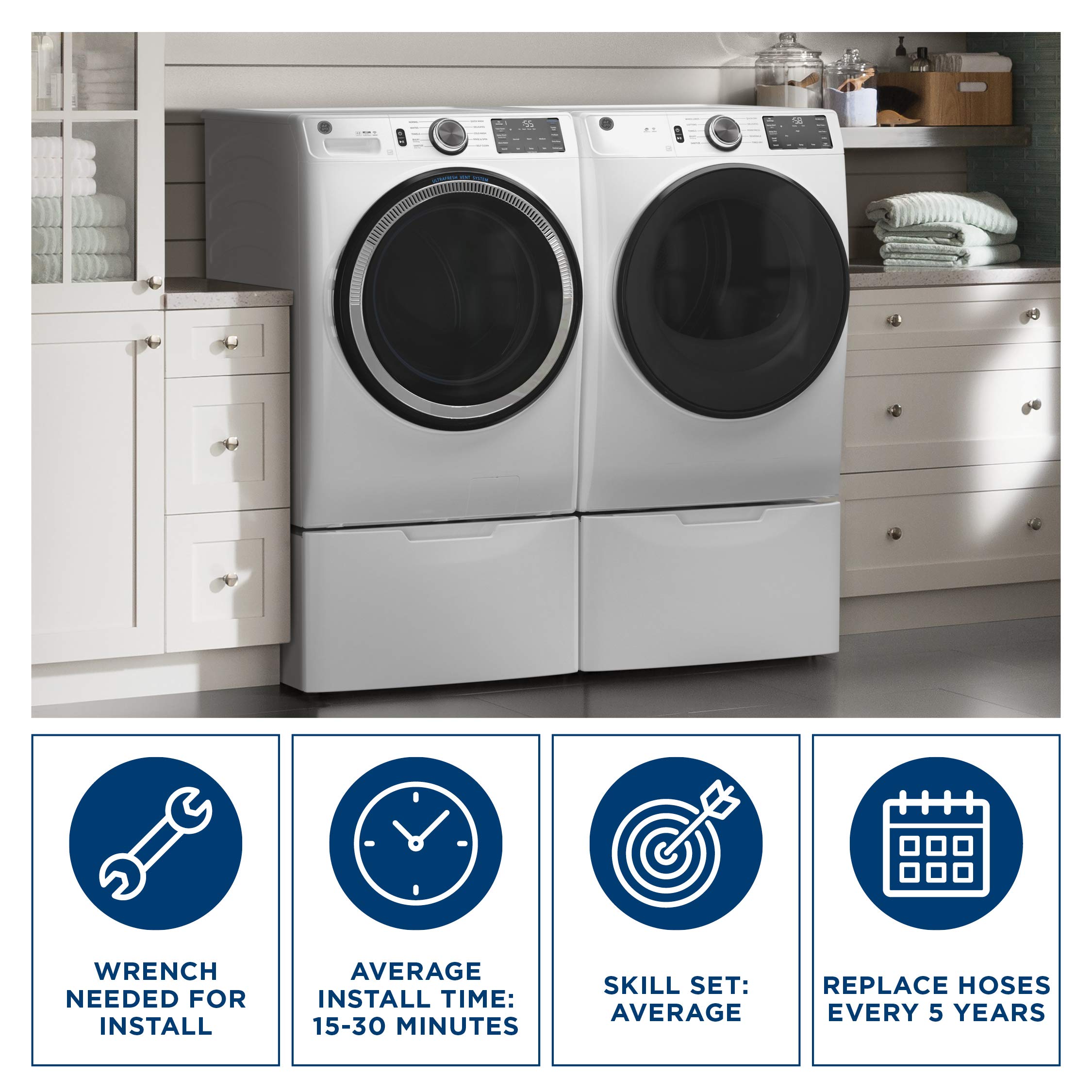 GE easy install washing machine hoses ready for quick setup
