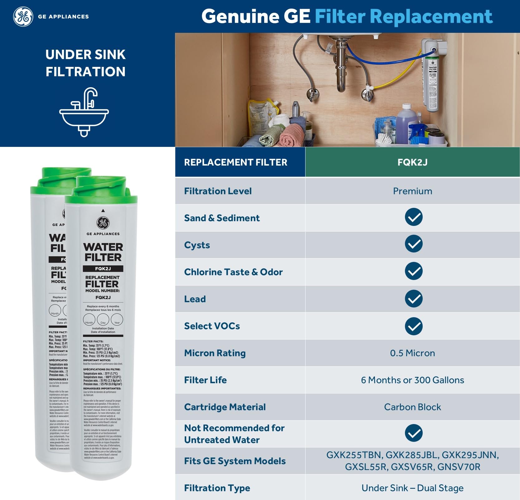 GE filter performance image showing reduced odors and tastes from chlorine and impurities.