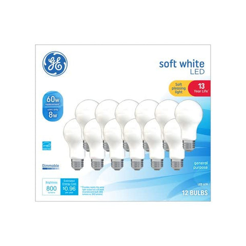 GE LED 8W soft white A19 bulb with frosted finish for warm room lighting