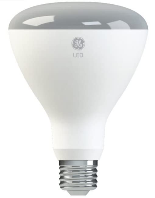 GE LED 9W BR30 soft white bulb angled view illustrating even light spread