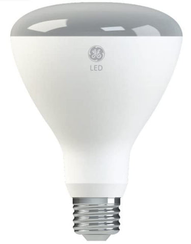 GE LED 9W BR30 soft white bulb angled view illustrating even light spread