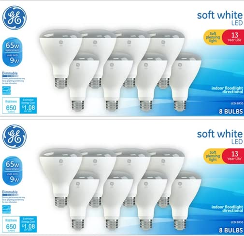 GE LED 9W BR30 soft white bulb pack shot showing energy efficiency and long life