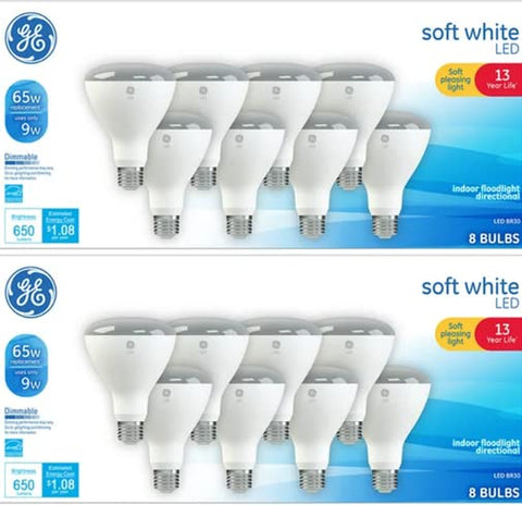 GE LED 9W BR30 soft white bulb pack shot showing energy efficiency and long life
