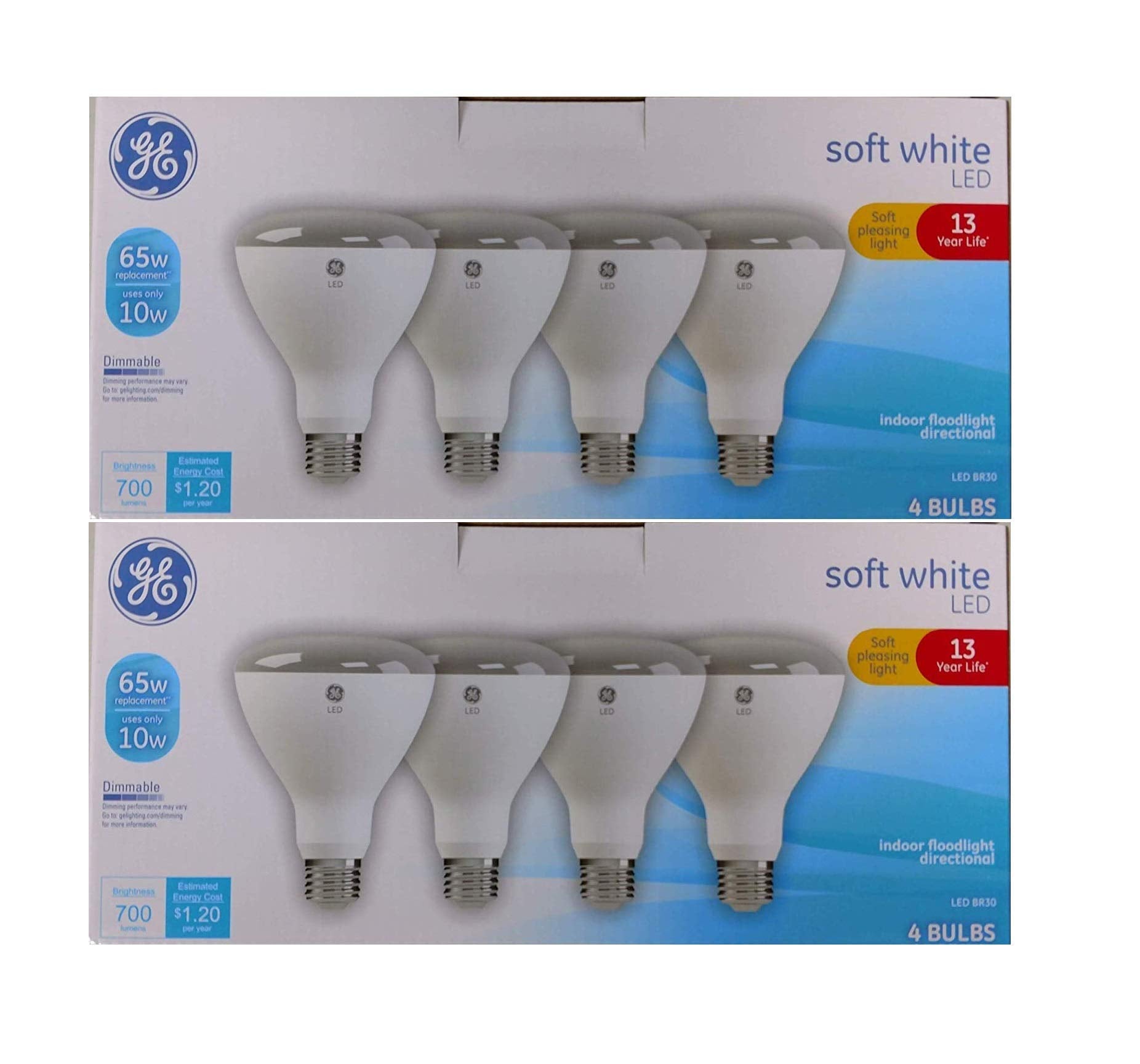 GE BR30 LED floodlight 8-pack box shows energy-efficient bulbs for home use.