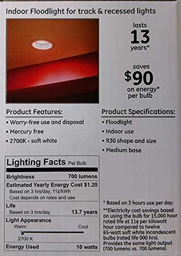 GE BR30 LED close-up highlights bright, soft white light ideal for living spaces.