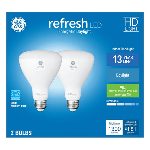 GE LED reflector bulb packaging highlights energy savings and bright color clarity.