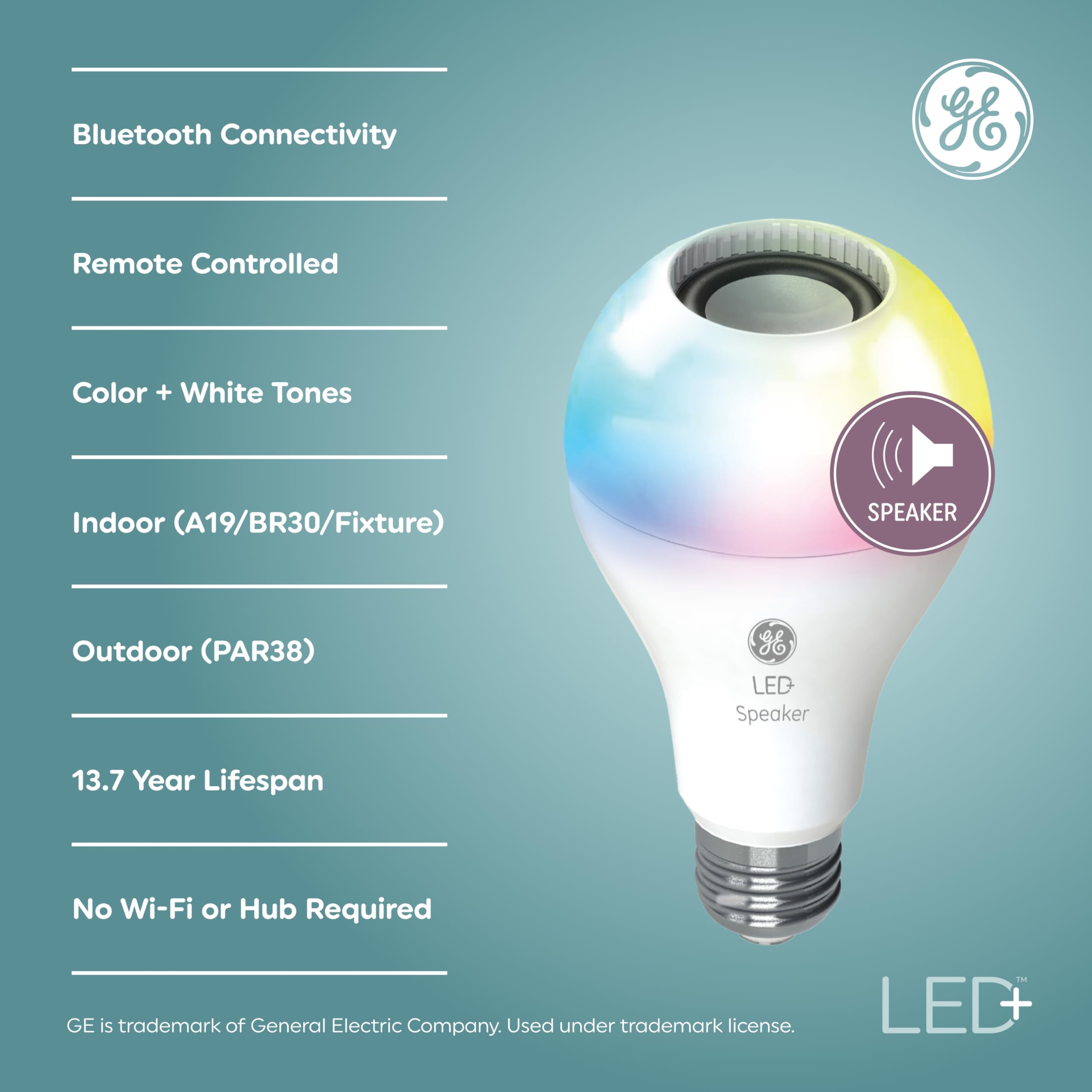 GE LED+ A21 Bluetooth speaker bulb streaming music from a phone