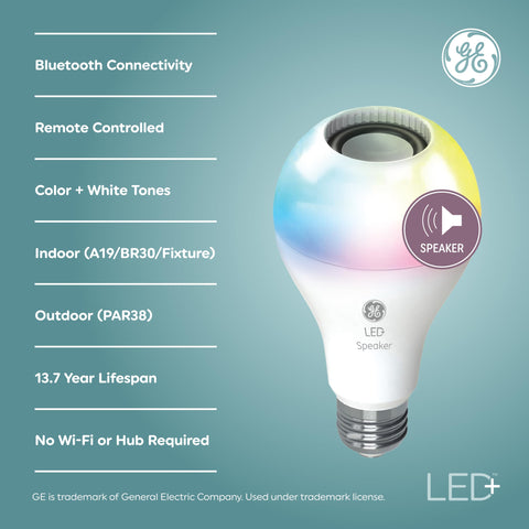 GE LED+ A21 Bluetooth speaker bulb streaming music from a phone