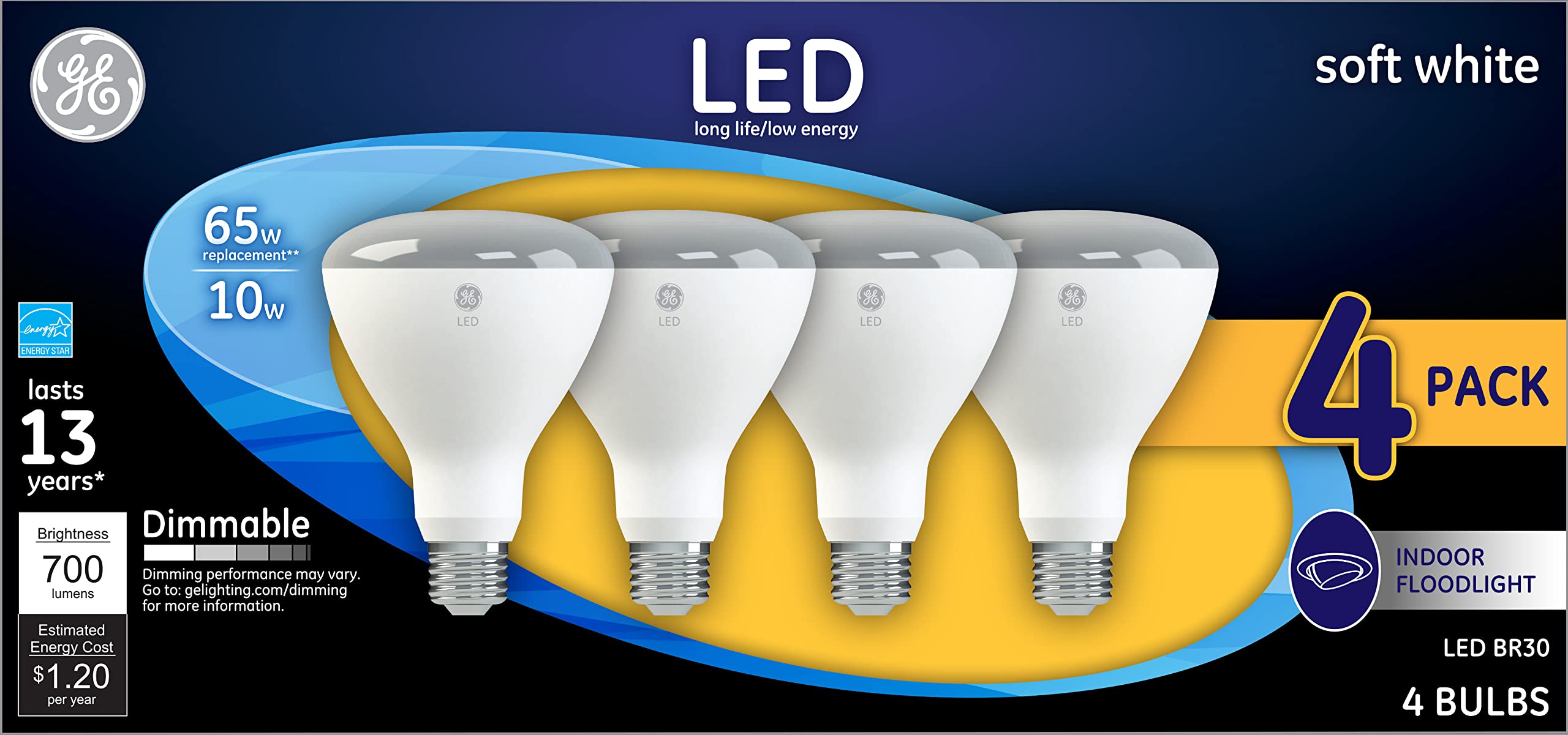 GE Lighting LED indoor floodlight bulb dimmable with compatible switches for flexible mood.