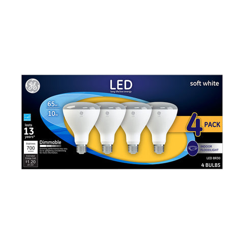 GE Lighting LED indoor floodlight bulb package highlights energy efficiency.