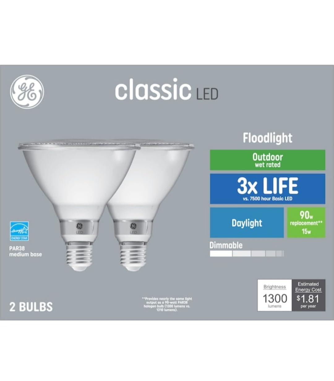 GE PAR38 daylight dimmable bulb 2-pack for outdoor floodlights with efficient lighting.