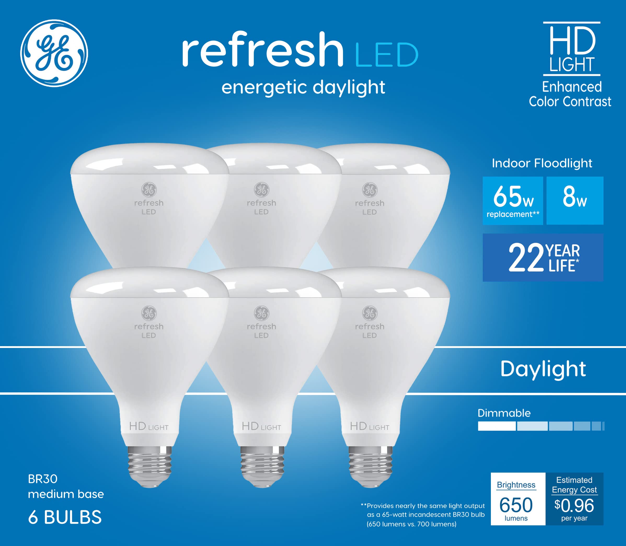 GE Refresh BR30 LED bulbs six-pack front view for vibrant daylight illumination in active spaces