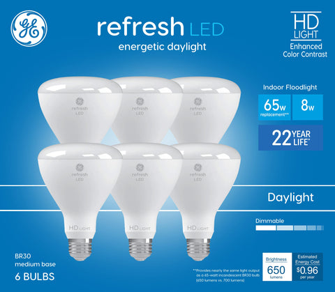 GE Refresh BR30 LED bulbs six-pack front view for vibrant daylight illumination in active spaces