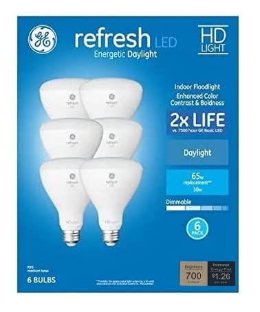 GE Refresh BR30 LED close-up shows cool daylight beam for tasks.
