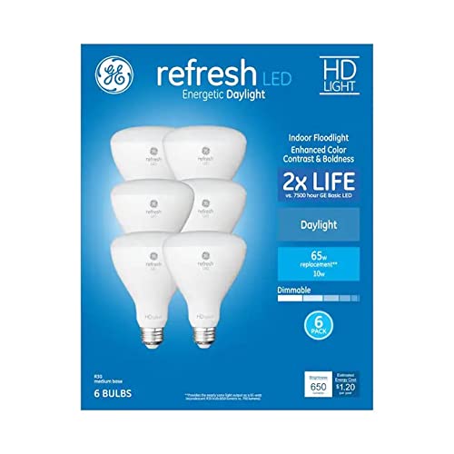 GE Refresh BR30 LED bulb 6-pack front view delivers bright daylight for active spaces.