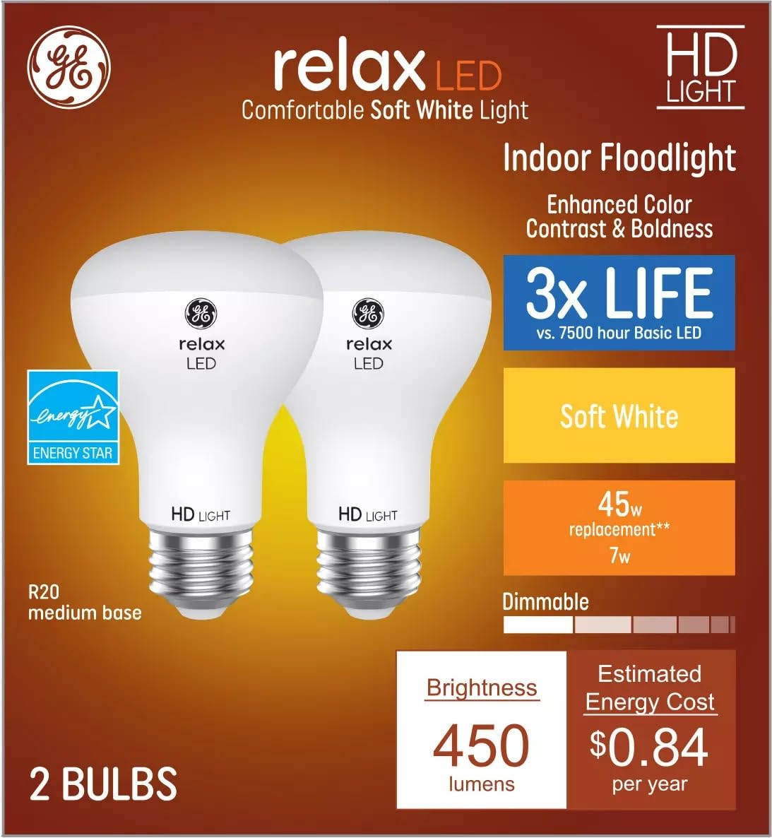 GE Relax 2-pack R20 LED bulbs for track and recessed lighting, energy-efficient.