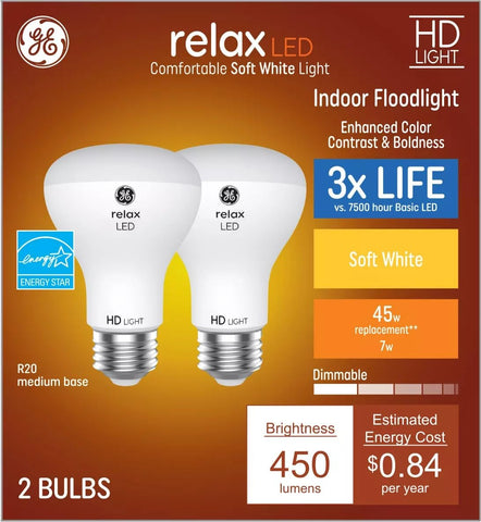 GE Relax 2-pack R20 LED bulbs for track and recessed lighting, energy-efficient.