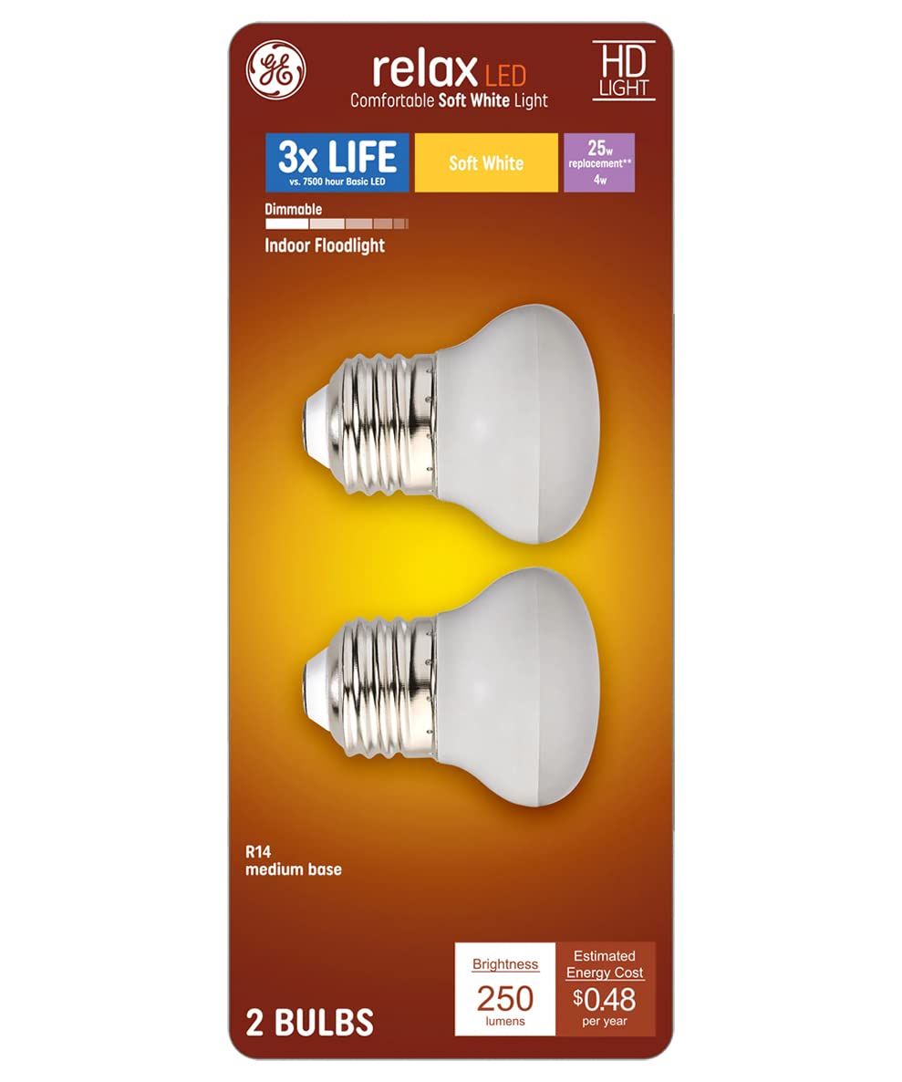 GE Relax 2-pack R14 LED bulbs lighting a cabinet with warm white glow.