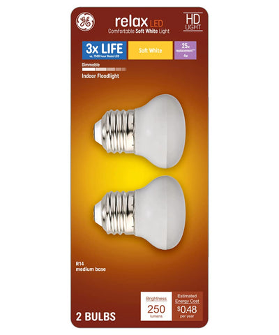 GE Relax 2-pack R14 LED bulbs lighting a cabinet with warm white glow.