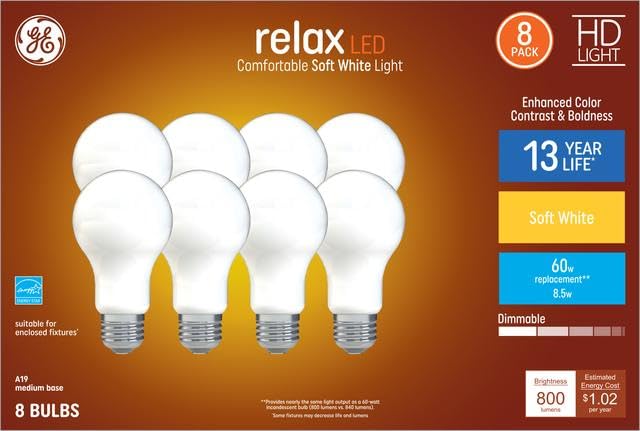 GE Relax LED bulbs with dimmable soft white glow for living rooms and lamps.