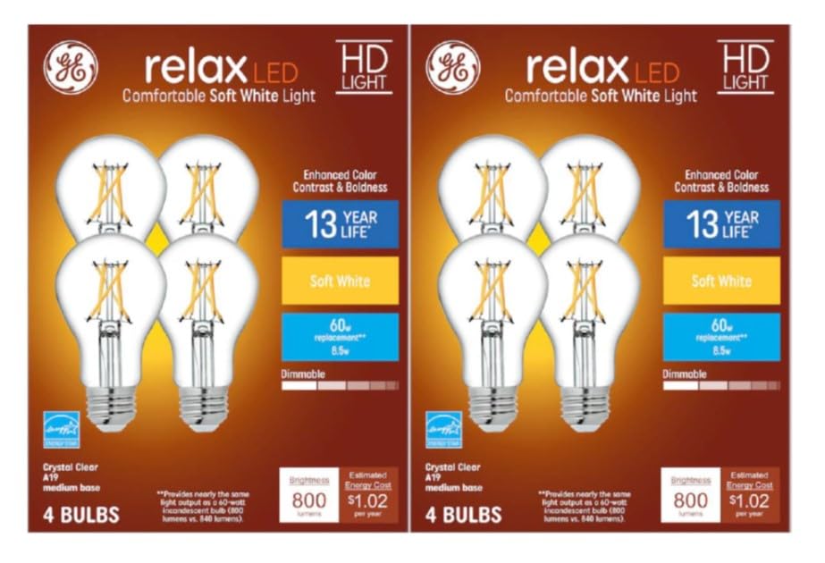 GE Relax A19 bulbs with crystal-clear finish for vibrant colors and soft white ambience.