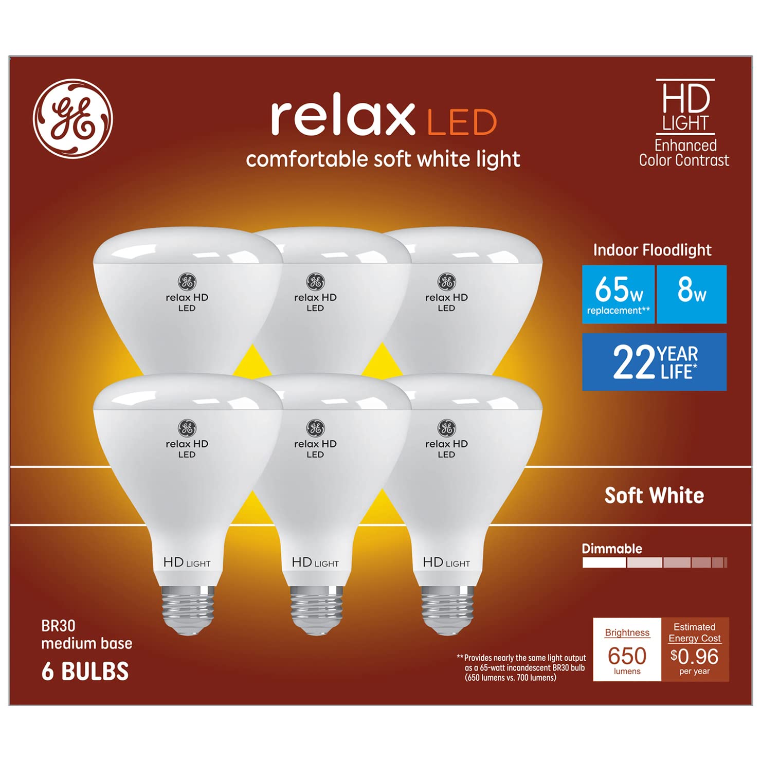 GE Relax BR30 LED bulb close-up showing warm 2700K light for cozy rooms