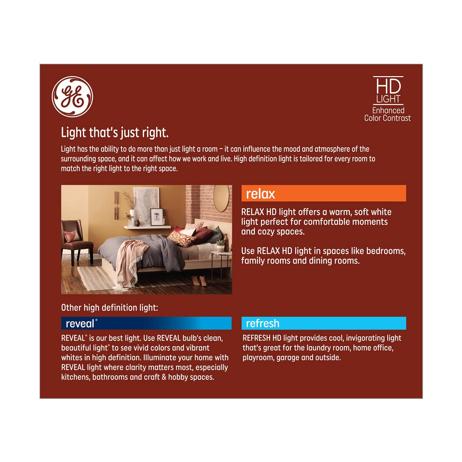 GE Relax BR30 LED bulb in bedroom setting with soft white ambiance