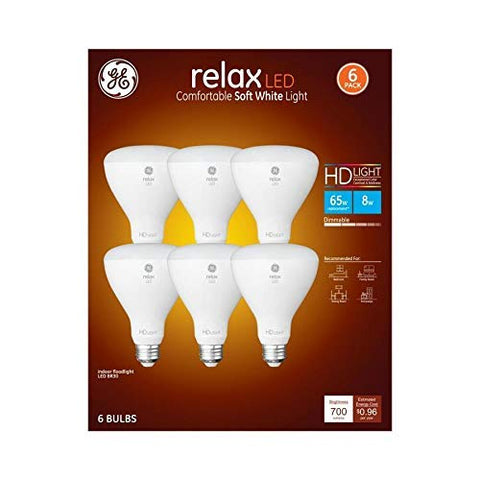GE Relax BR30 LED bulb in a ceiling fixture providing warm, dimmable light.